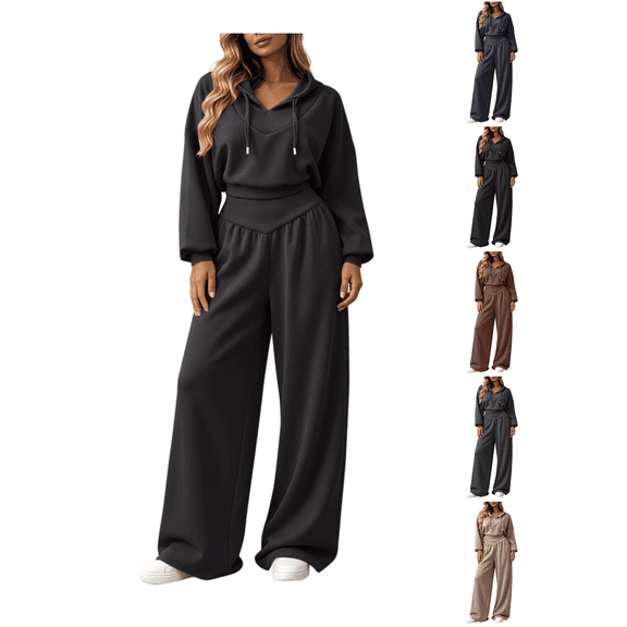 Zynoxe Womens Sweatsuits 2 Piece Set Comfort Drawstring Hooded Sweatshirt & Elastic High Waist Wide Leg Pants Suit Versatile Casual Track Suits Fashion Solid Color Suit Set with Pockets S