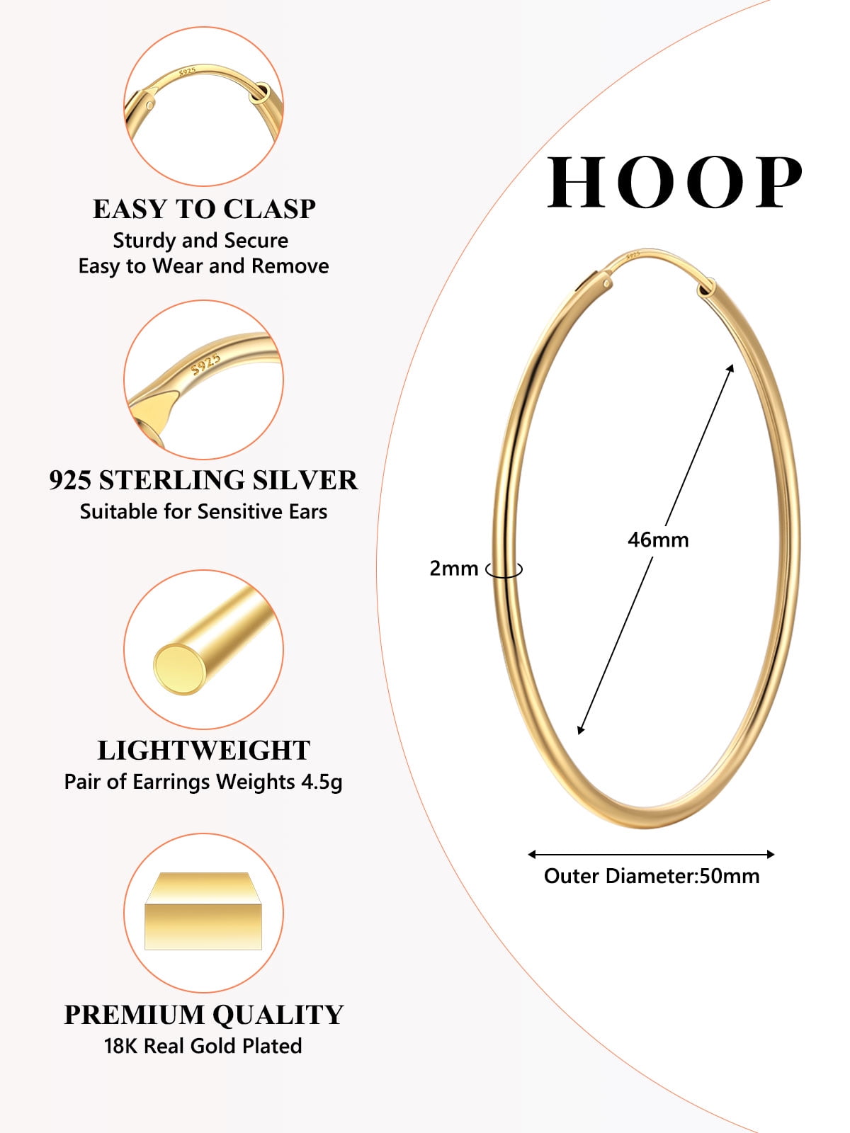 Silvora Gold Plated Polished Hoop Earrings for Women 50mm Sterling Silver Classic Trendy Ear Hoops