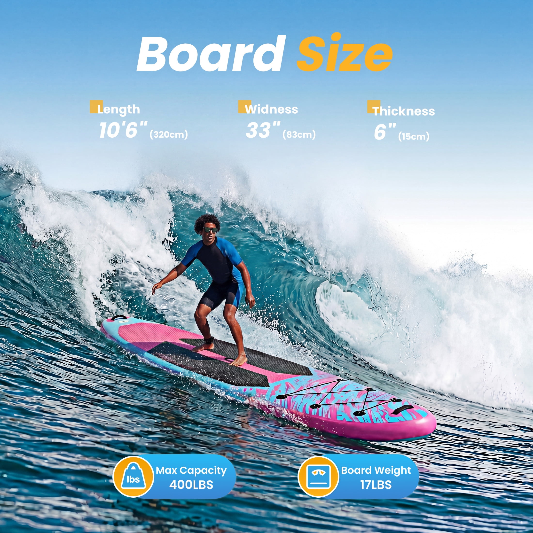 EDX 10.6 ft Inflatable Stand Up Paddle Board, 33" Wide SUP with Paddle, Pump, Fins, Leash & Carry Bag, Non-Slip Stable Board for Adults & Beginners, Pink Blue