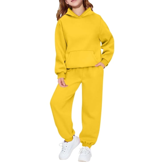 GiLiling Kids Tracksuit Outfit, 2-Piece Boys Girls Sweatsuit, Hooded Sweatshirt and Jogger Sweatpants Athletic Clothing Set with Pocket (Yellow, 7-8 Years)