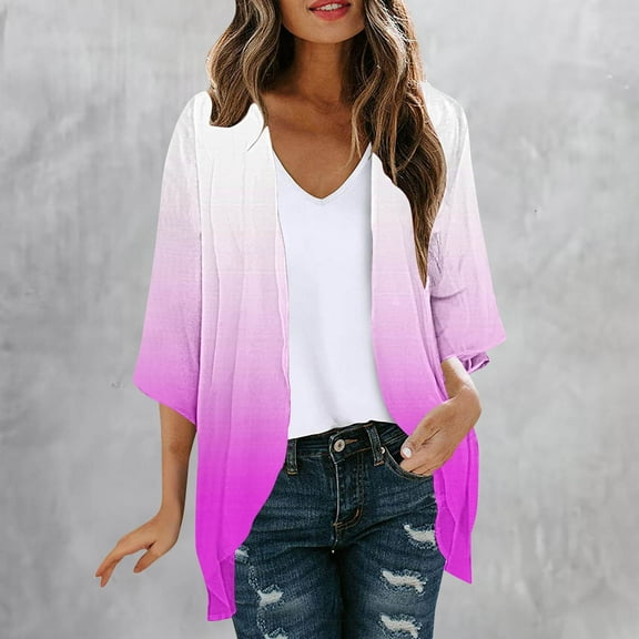 SELONE Light Weight Cardigan Womens 3/4 Sleeve Summer Chiffon Lightweight Outer Layer Shirts Soft Open Front Petite Gradient Casual Cover Up Pink XL