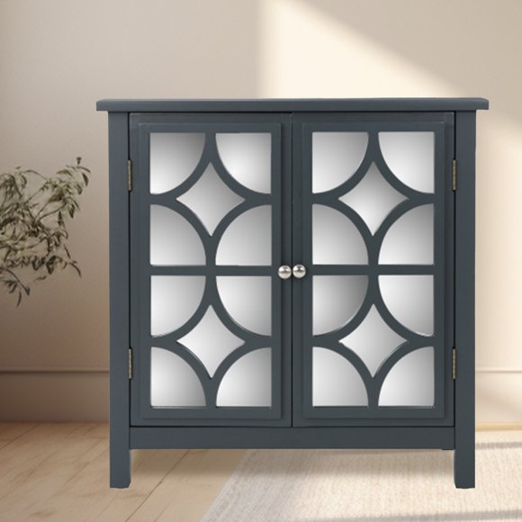 2-Door Glass Door Buffet Cabinet, Firwood Mirror Finished Accent Cabinet for Living Room, Dining Room, and Entryway, Grey