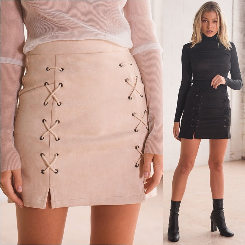 Autumn Leather Suede Pencil Skirt Cross High Waist Zipper Split Short ...
