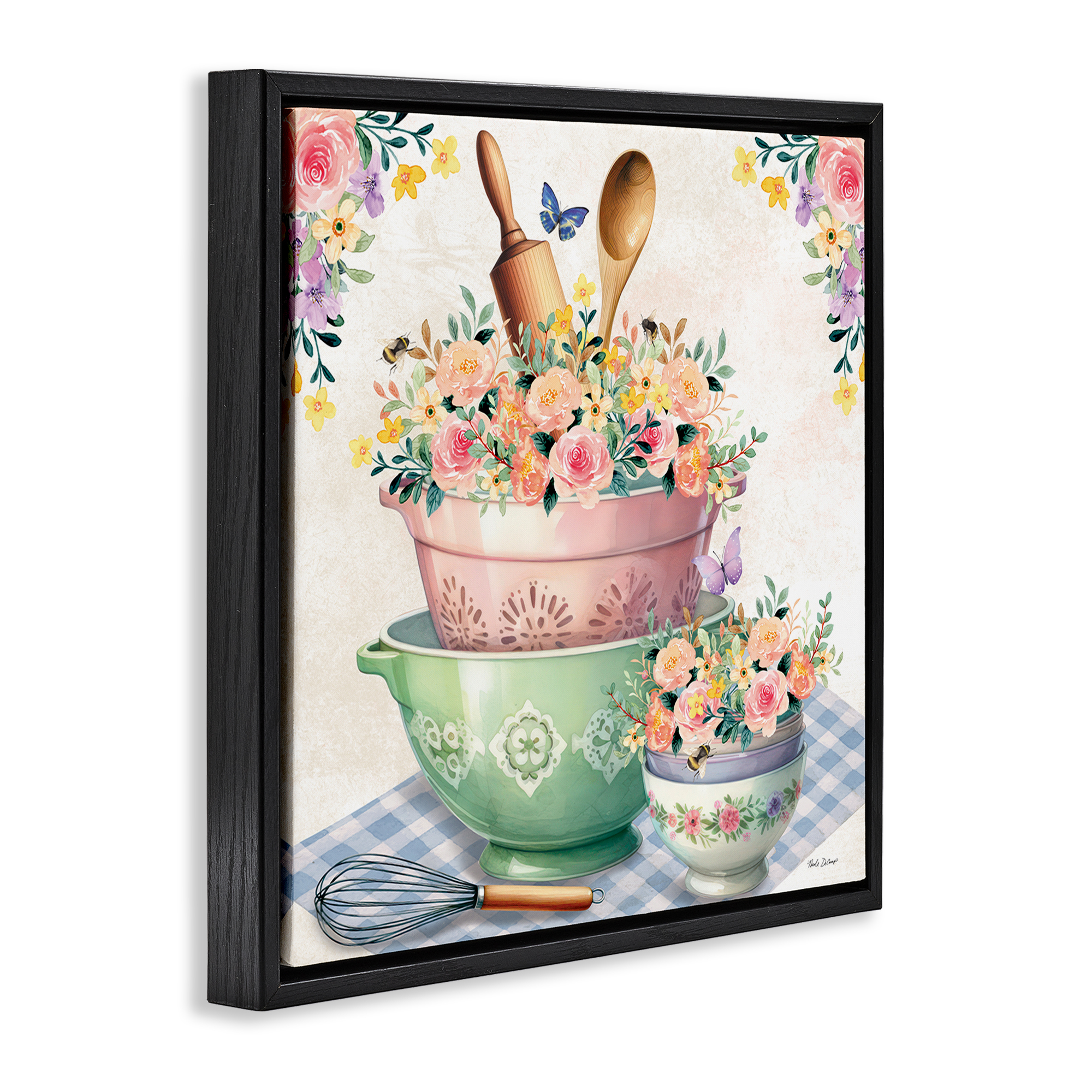 Stupell Industries Floral Kitchen Bowls Stack Food & Beverage Painting Black Floater Framed Canvas Art Print Wall Art, 25 x 25