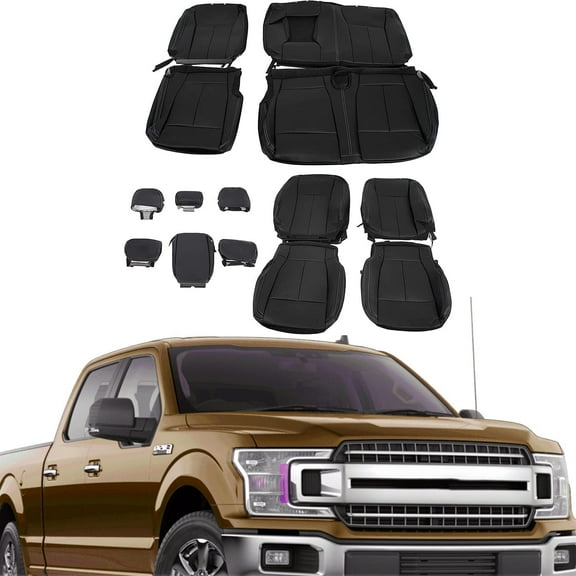 KOJEM Full Set Custom Seat Covers for 2015-2020 Ford F150 Super Crew Cab Front & Rear Synthetic Leather Covers Black with Armrest