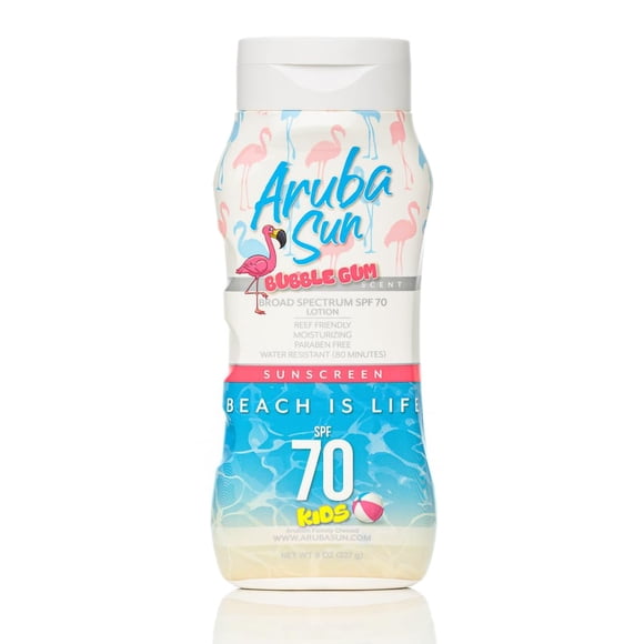 ARUBA SUN Kids SPF 70 Loción de protección solar con aroma a chicle | Cumple con la Ley de Arrecifes de Aruba nº 67 Sin octinoxato ni oxibenzona | Protector solar resistente al agua, no graso, de ampl