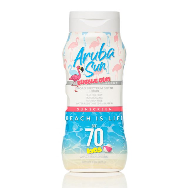ARUBA SUN Kids SPF 70 Loción de protección solar con aroma a chicle | Cumple con la Ley de Arrecifes de Aruba nº 67 Sin octinoxato ni oxibenzona | Protector solar resistente al agua, no graso, de ampl