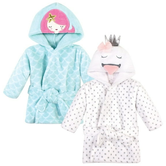 Hudson Baby Infant Girl 2Pc Plush Animal Face Bathrobe, Mermaid Swan, 0-9 Months