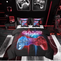 Manfei Teens Gamepad Print Bedding Sets Twin Size, Blue Red Bed in a Bag Twin size, Game Console Reversible Comforter Sets with Sheets, Microfiber Bedroom Decor, 7 Pieces