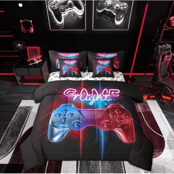 Manfei Teens Gamepad Print Bedding Sets Twin Size, Blue Red Bed in a Bag Twin size, Game Console Reversible Comforter Sets with Sheets, Microfiber Bedroom Decor, 7 Pieces