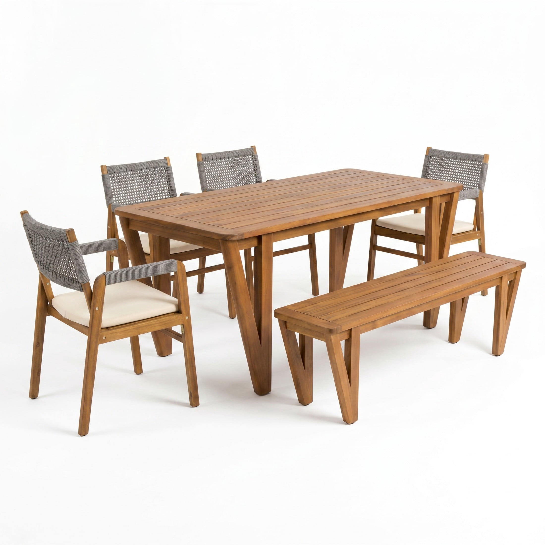Christopher Knight Home 6-Piece Acacia Wood Patio Dining Set with Rope Chairs and Bench, Teak+Gray