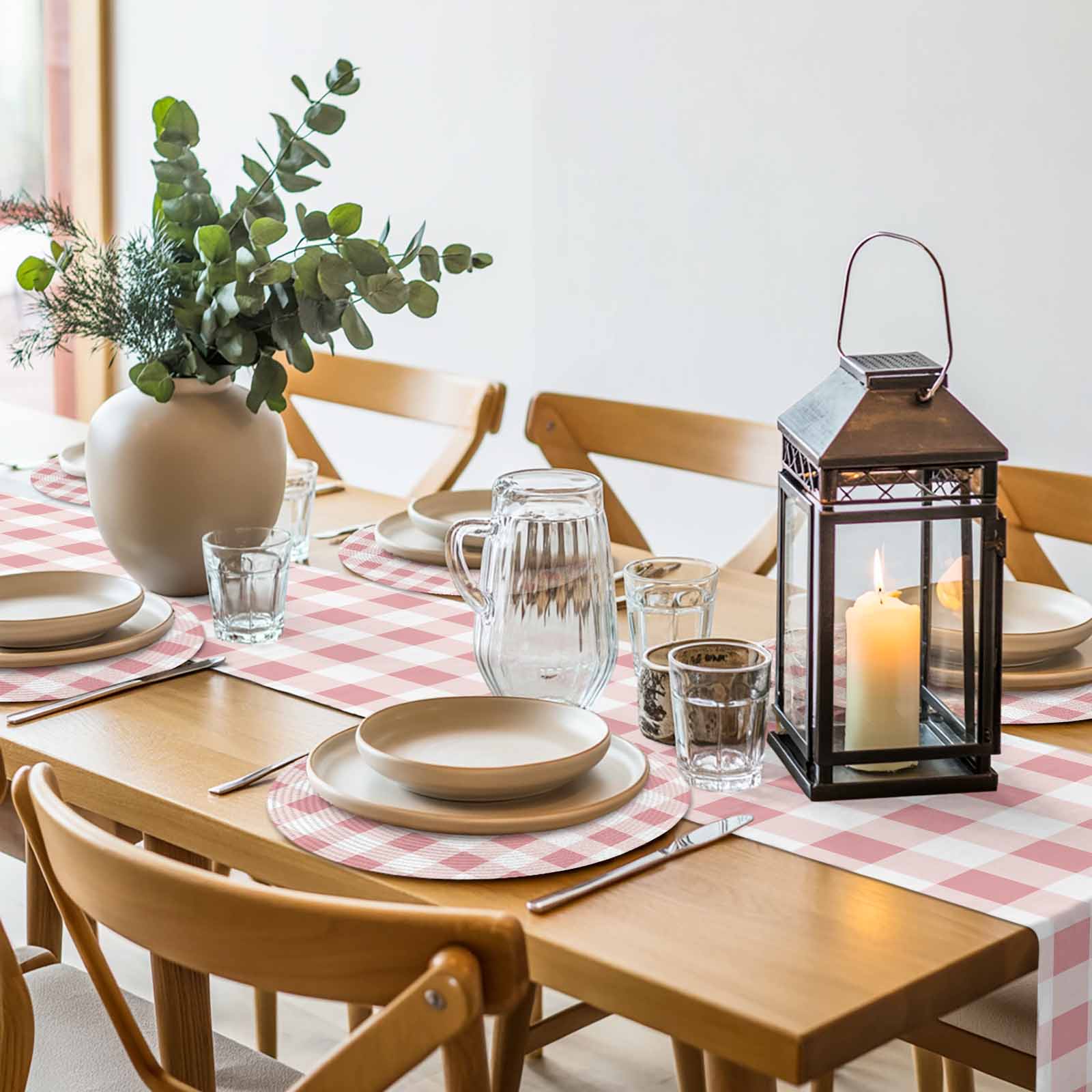 Farmhouse Vintage Round Table Placemats set of 8, Gingham Checkered Texture Washable Woven Place Mats for Dining Tables Kitchen Party Decor,Heat Proof, 13in, Pink
