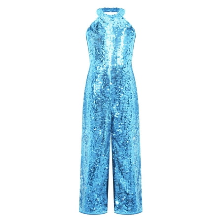 iixpin Kids Girls Shiny Sequins Dance Jumpsuit Halter Neck Pageant Romper Latin Jazz Ballet Leotard Sky Blue 12