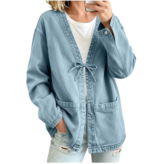 Cmtiyu Denim Jacket for Women, Long Sleeve Drawstring V Neck Open Front Washed Denim Jackets, Casual Loose Fit Outerwear Jacket with Pockets, S-3XL