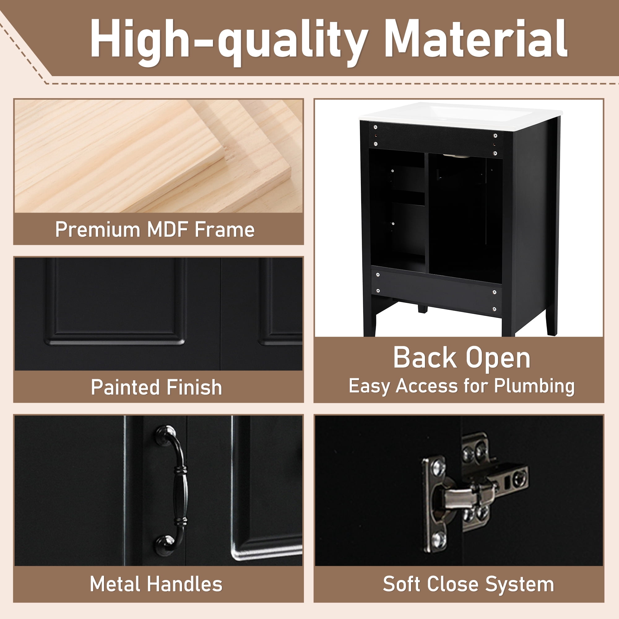 Euroco 24'' Freestanding Bathroom Vanity with Ceramic Sink, Soft-Close Cabinet & Drawers, Vintage-Style Design with Black Handles, MDF Construction, Easy Plumbing Access