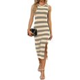 thumbnail image 4 of Womens Bodycon Summer Casual Midi Sundress Sleeveless Cute Hollow Out Knit Side Slit Striped Long Tank Dress, 4 of 5
