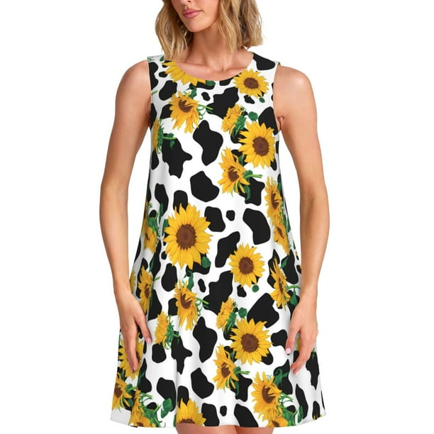 Fotbe Cute Cow Print Sunflower A Vestido de Verano sin Mangas para Mujer – Vestido Midi Línea A, Estilo Camiseta Floral, Vestido Playero Casual y Fluido