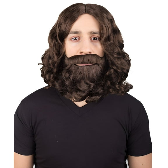 Men's Dark Brown Wavy Shoulder Length Lumberjack Wig with Full Mustache and Beard - Breathable Capless Cap Synthetic Cosplay Wigs