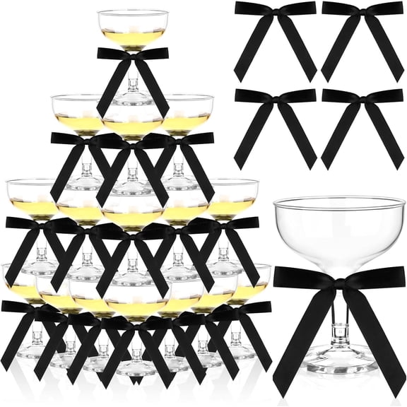 50 Sets Plastic Champagne Coupe Glasses 5oz Acrylic Margarita Martini Glasses with Satin Ribbon Black Bow Disposable Cocktail Glasswares Bulk for Birthday Wedding Bar Champagne Tower