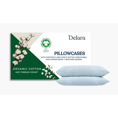 Delara GOTS Certified 100% Organic Cotton King Pillowcase Set of 2, 21"x36", 400TC Long Staple, Ultra Soft, Breathable & Smooth, Light Blue