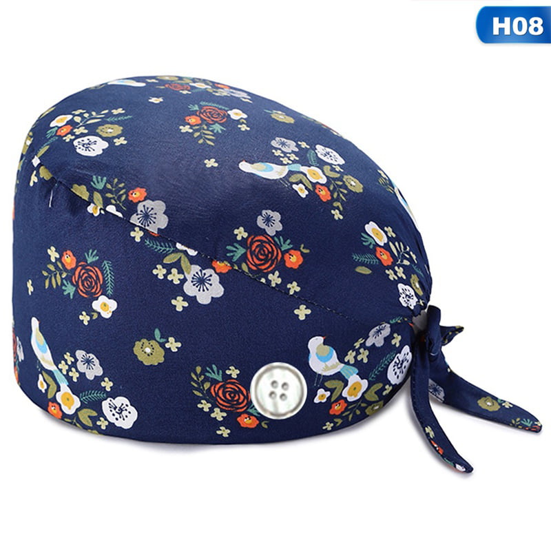 Tie Back Hats Adjustable Working Cap with Buttons Printed Washable Bonnet for Men Women 