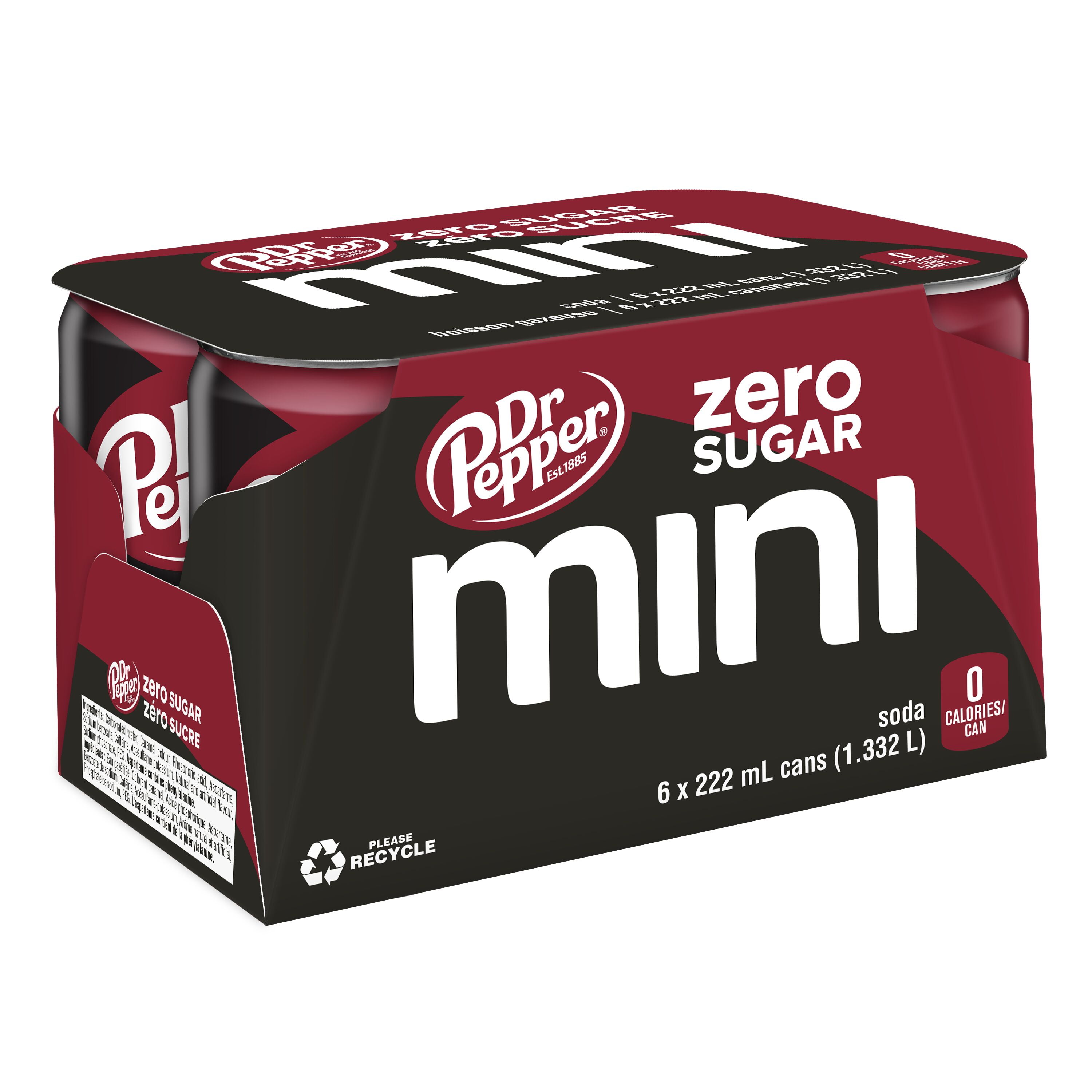 Dr Pepper Boissons aromatisées Original 6 x 222 mL Dr Pepper Zéro sucre est un mélange unique de 23 saveurs qui ne contient ni sucre ni calorie. Les autres sodas peuvent bien s'essayer, mais seul Dr Pepper Zéro sucre peut satisfaire votre envie de saveur!