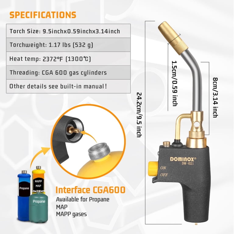 DOMINOX Propane & MAPP Torch Kit – Trigger Start With Extension Hose, Stand Base, Adjustable Flame For Soldering, Cooking & DIY Projects (Gas Tank Not Included)
