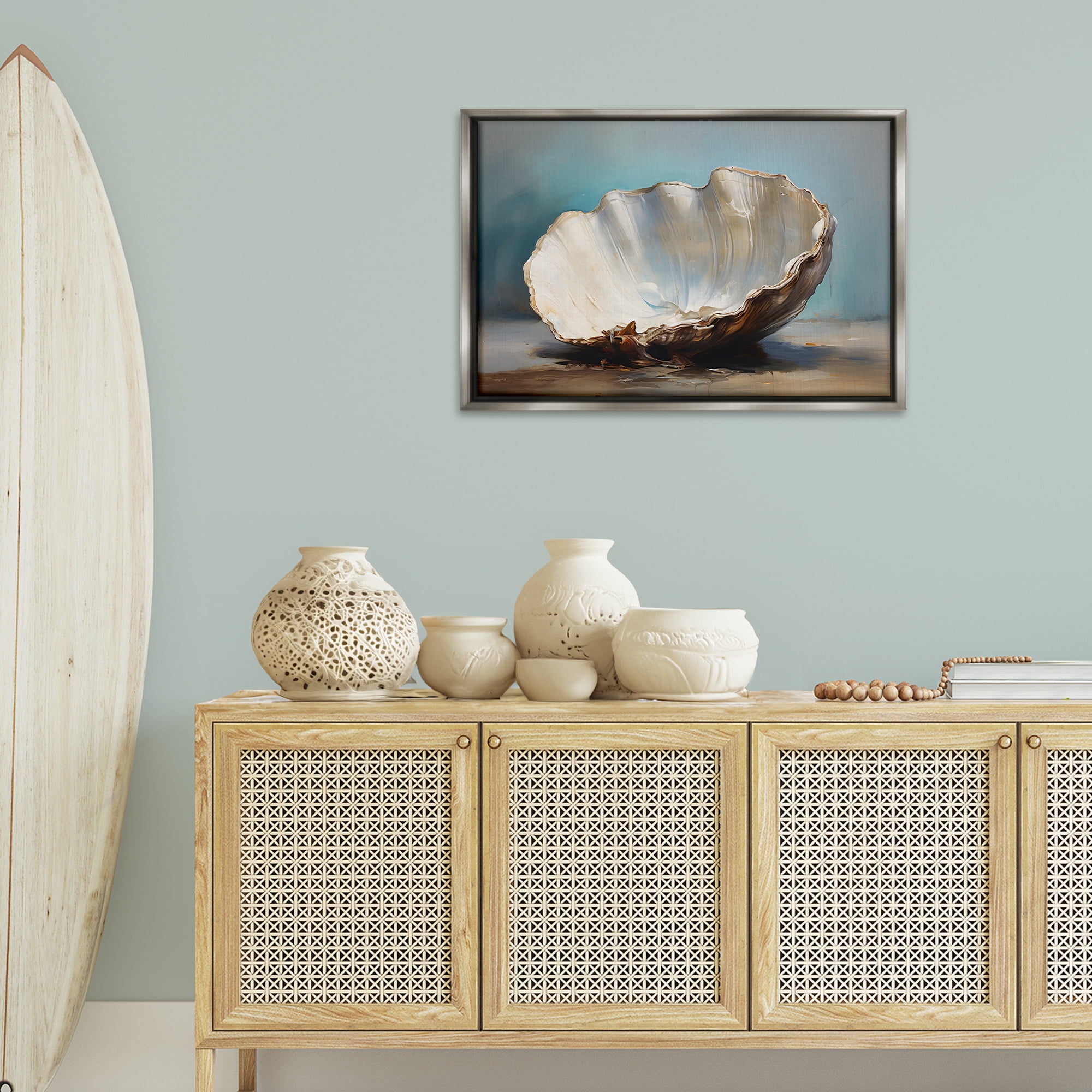 Stupell Industries Neutral Shell Still Life Nautical & Beach Painting Gray Floater Framed Canvas Art Print Wall Art, 31 x 21