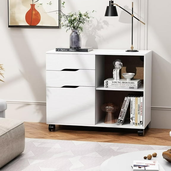 QUIOCOZY 3-Drawer File Cabinet, 31.3" Mobile Printer Stand with Storage Shelf for Home Office, White Wood Finish