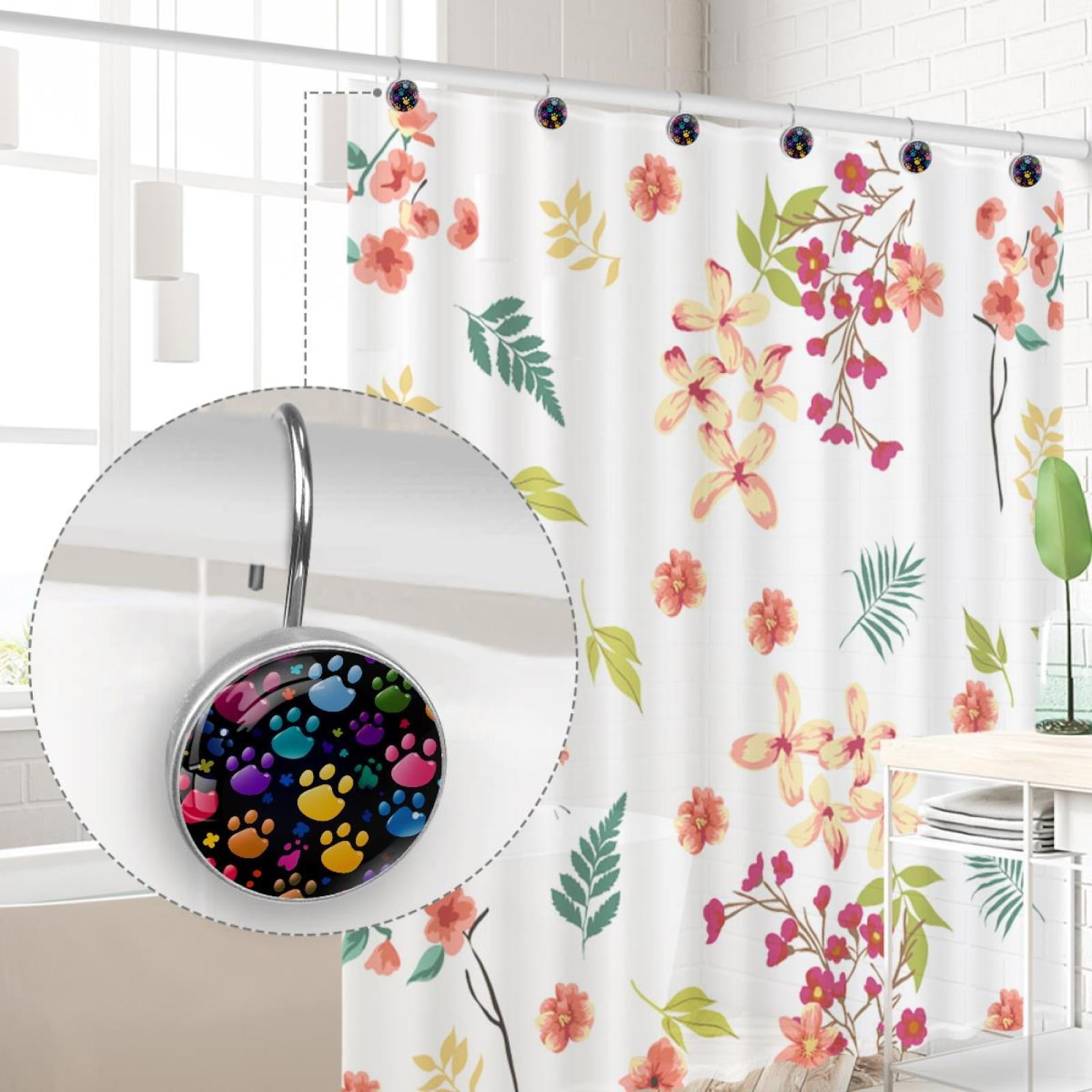 Colorful Paw Footprints Shower Curtain Hooks Round Crystal Glass, Set of 12 Shower Curtain Rings - Shower Hooks for Curtain Shower Rings