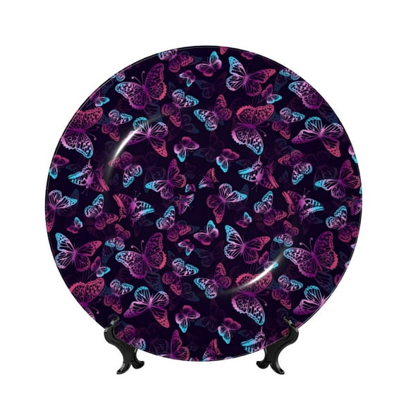 Picia Purple Butterfly Pattern Bone China Decorative Plate – Wall Decor with Stand and Adhesive, Elegant Ornament for Living Room, Office, or Entryway-6in