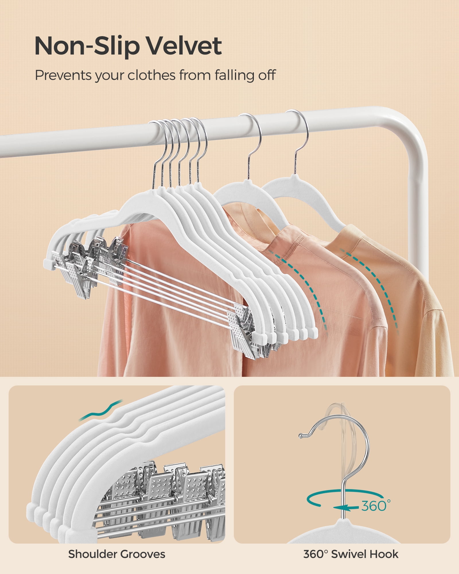 50-Pack Velvet Non-Slip Hangers with Adjustable Clips, 16.7" Heavy Duty Space Saving Hangers for Pants, Skirts, Dresses, White
