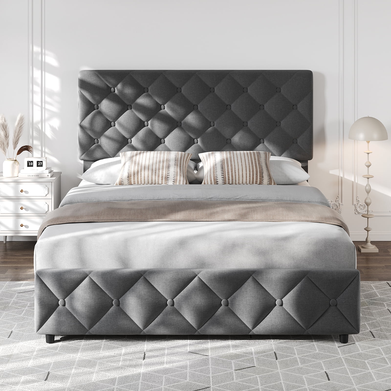 Shininglove Full Size Bed Frame with Storage - Linen Upholstered Platform Bed, 4 Spacious Drawers, Diamond Tufted Headboard, No Box Spring Needed(Grey)