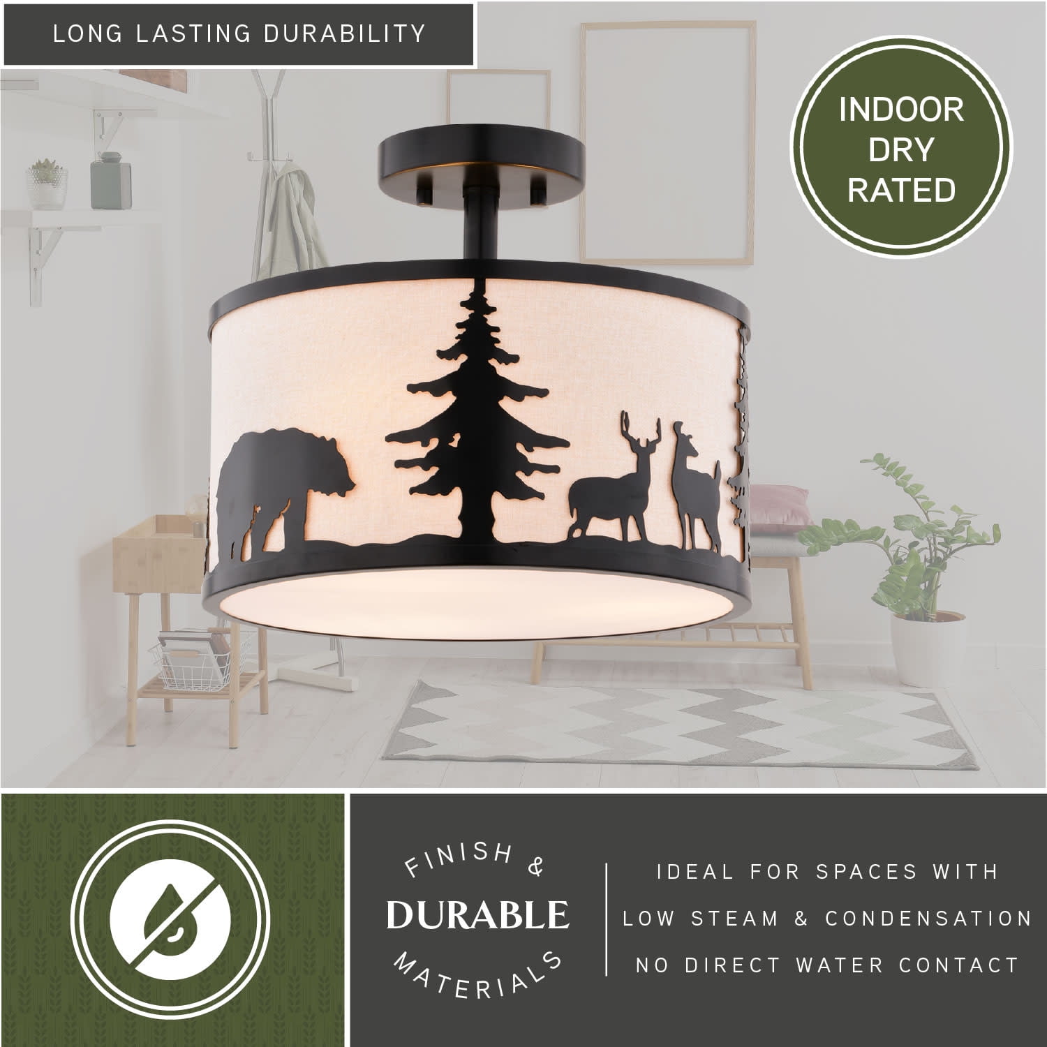 Acadia 13-in W Bronze Rustic Semi Flush Mount Ceiling Light White Linen Deer Tree