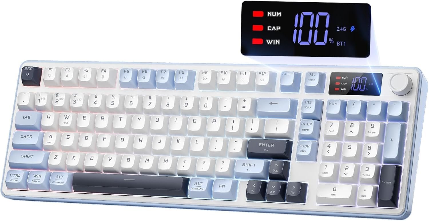 Gaming Keyboard, 98-Key Tri-Mode (BT/2.4G/Wired) RGB Keyboard with Knob & Display, Fade-Resistant PBT Keycaps & 4000mAh , Compatible with Windows/ - White Blue