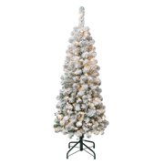 National Tree Company 4.5 ft. Pre-Lit Artificial Acacia Pencil Slim Christmas Tree, Green, 100 Clear Lights, Flocked, Includes Stand