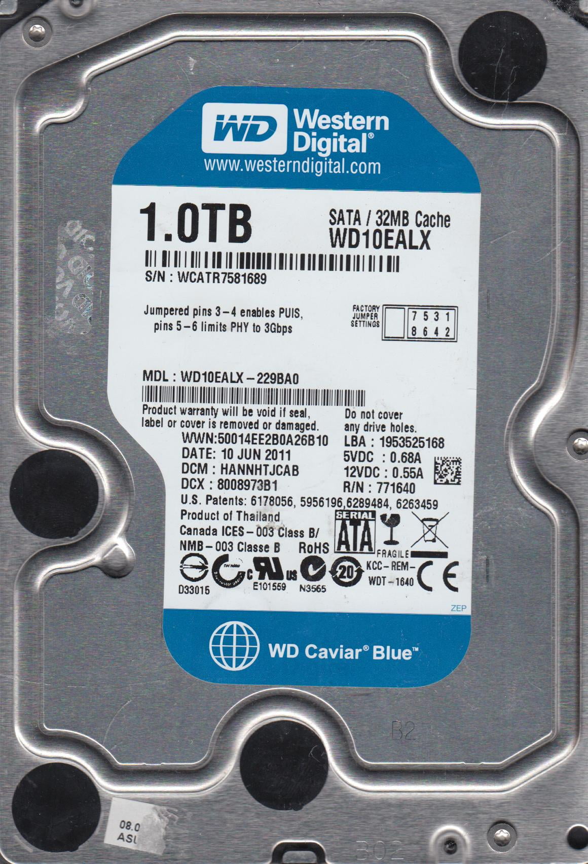 WD10EALX-229BA0, DCM HANNHTJCAB, Western Digital 1TB SATA 3.5 Hard ...