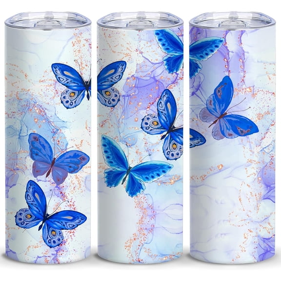 Butterfly Insulated Skinny Tumblers Cup Coffee Mug with Lid Blue 20oz - Reusable Stainless Steel Water Bottle for Hot & Cold Drinks Tea Cup Iced Coffee Travel Mug