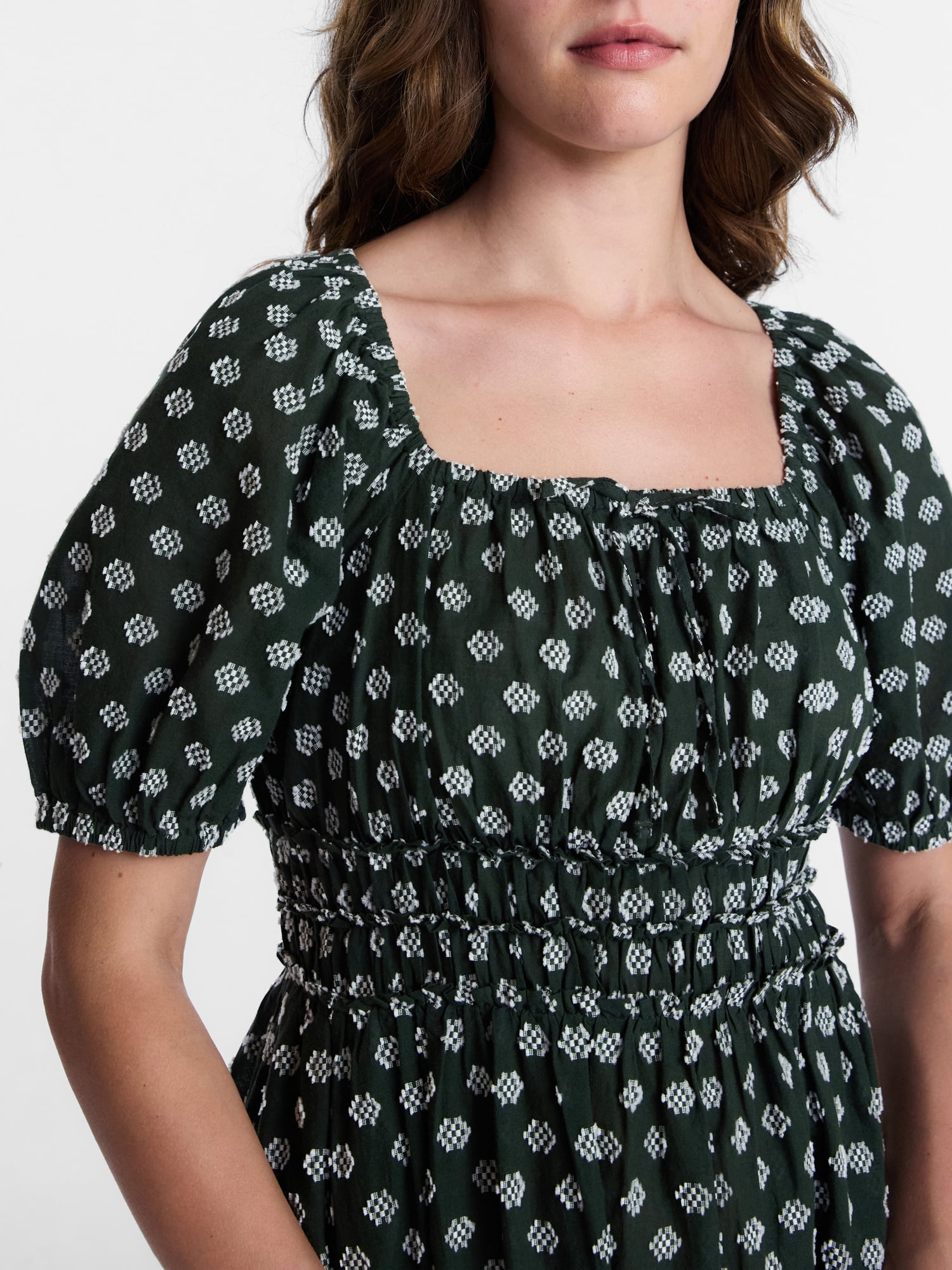 Time and Tru Women's Square Neck Cotton Midi Dress with Puff Sleeves, Sizes XS-XXXL