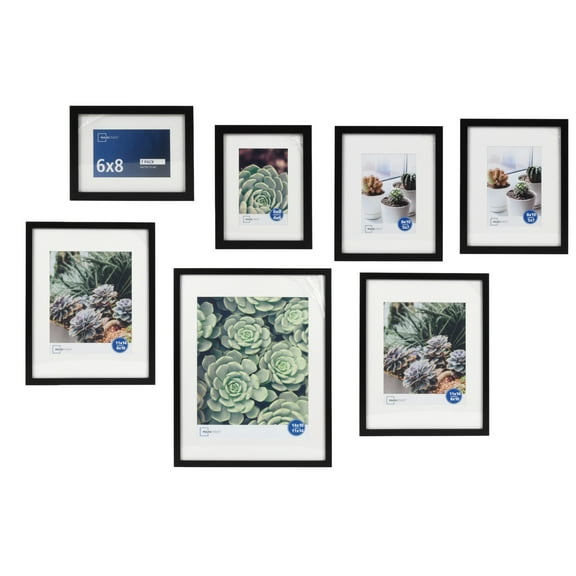 Mainstays Black Multi-Size Matted Picture Frame Set, Gallery Wall Photo Frames, Set of 7