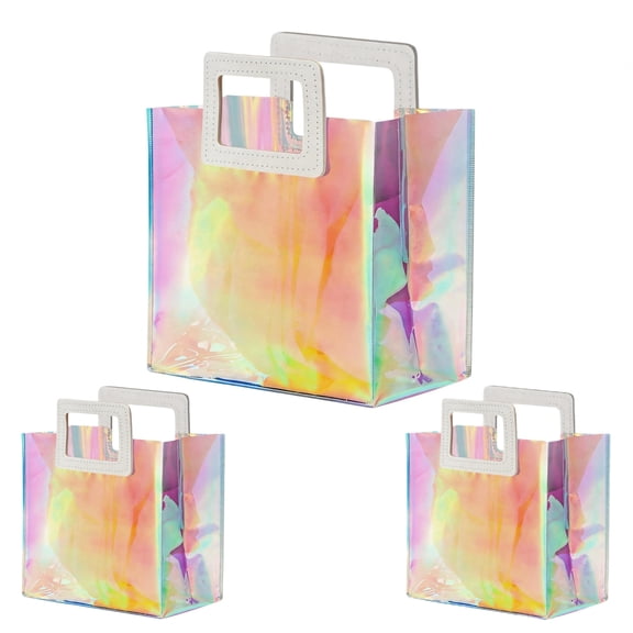 3 Pack Holographic Iridescent Gift Bags, Reusable Gift Bags with Sturdy Handles for Birthday Wedding