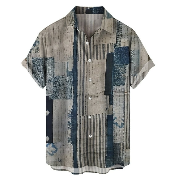 FBMDBB Men's Retro Grid Splicing Shirts Short Sleeve Casual Button Down Beach Flower Shirt Mens Lightweight Fashion Shirts