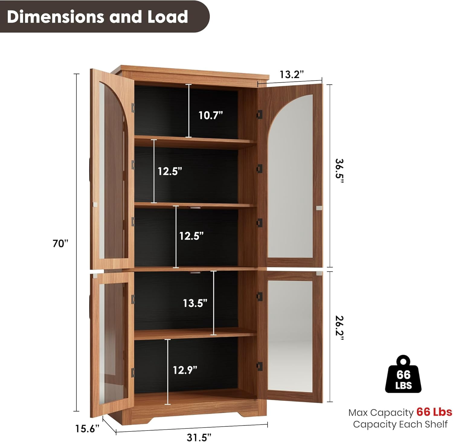 70" Tall Kitchen Pantry Storage Cabinet with Glass Doors, Farmhouse Cupboard with Adjustable Shelves, Freestanding Food Pantry for Kitchen, Dining, Living Room