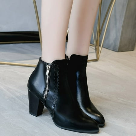 

feiboyy retro women leisure solid color square heels zipper short booties round toe shoes