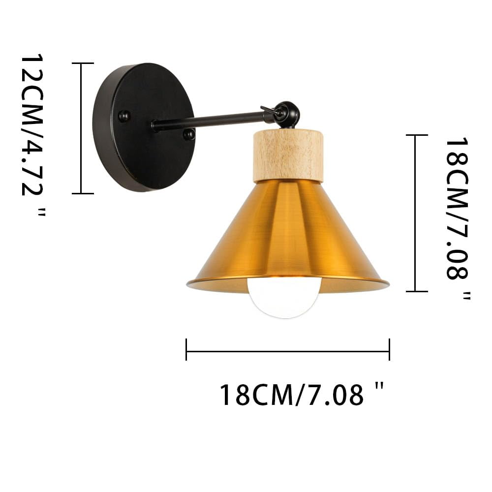 KAYYELAMP Retro Wall Sconce Battery Run Remote Dimmable Lighting Wood Base Gold Metal Shade Modern Style for Dorm Stairways Laundry Room