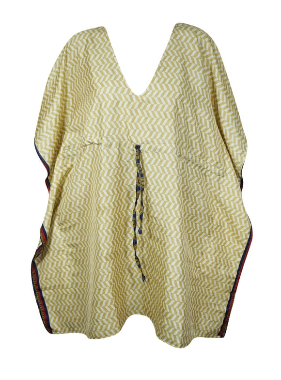Mogul Women's Kaftan Beige Zig Zag Print Recycle Silk Tunic Dress M-XL