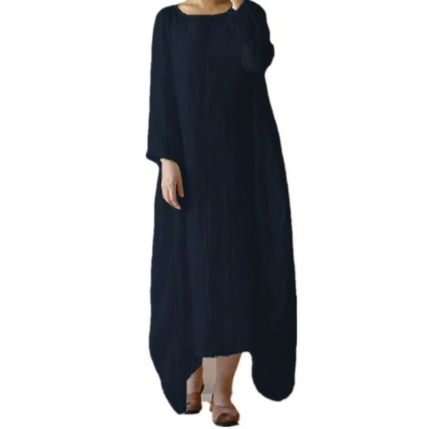 Celmia Women's Vintage Round Neck Long Sleeve Cotton Linen Comfy Dresses