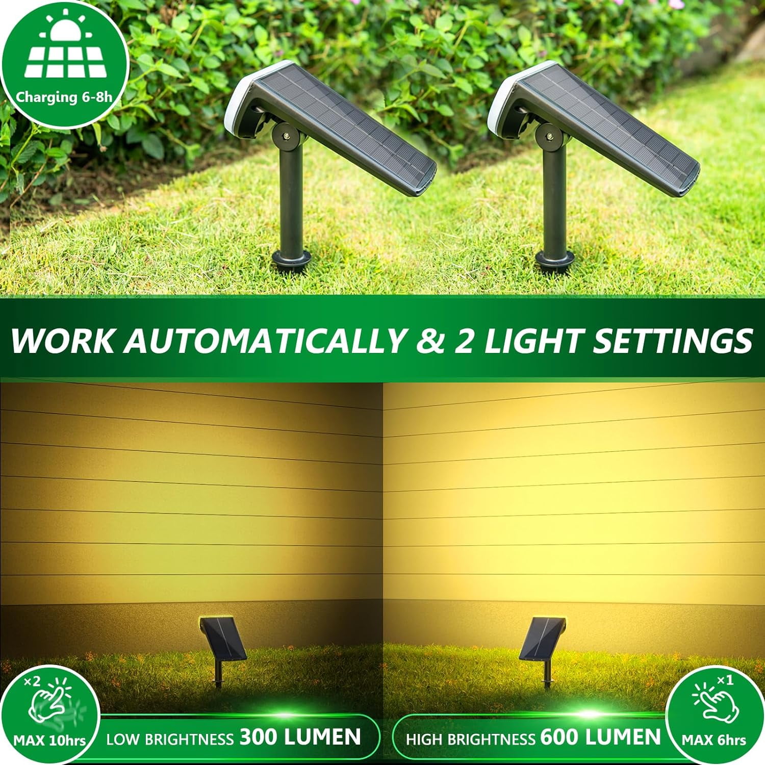 JSOT 2 Pack 600lm Solar Spotlight, Bright Solar Landscape Lights, Christmas Solar Powered Outdoor Lights for Driveway, Pathway, Garden, Backyard, Warm Light