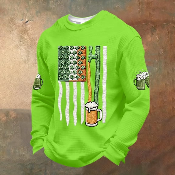 Dwelliawo Men's St Patrick's Day Shirt Print Long Sleeve Waffle Knit Shirts Fashion St Patricks Day Slainte Clover Irish Clover Graphic Tees Round Neck Tops Fluorescent Green M
