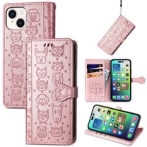 SaniMore for iPhone 14 Plus PU Leather Flip Wallet Case, Cat Dog Cartoon Cute Style with ID Card Holder Kickstad Cover Case with Wrist Strap for iPhone 14 Plus 6.7" 2022, Rosegold